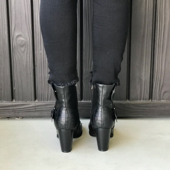 Black Snake Embossed Belted Chunky Heel Ankle Boot - Picture 5 of 6